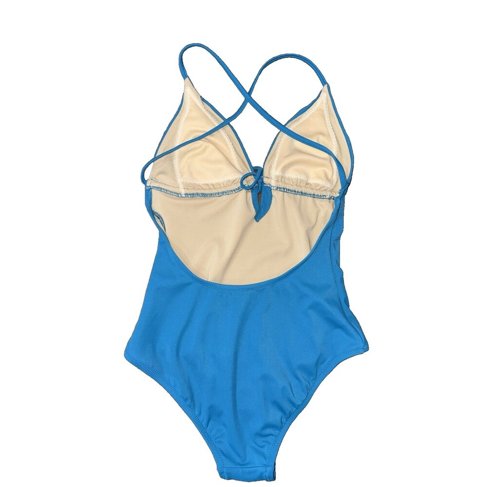 J.Crew Blue One Piece Swimsuit Cross Back Tie Front Classic Size 4 Made In USA - Picture 4 of 7